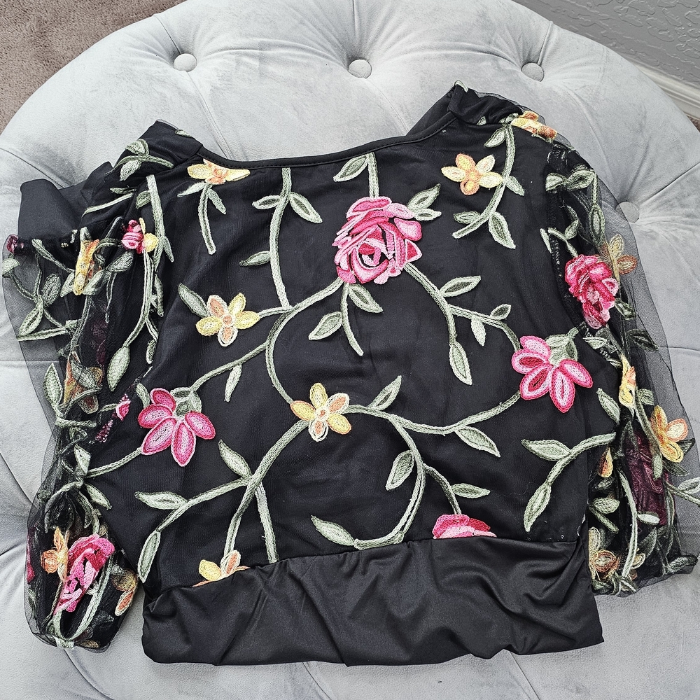 Chic Black Blouse with Pink and Yellow Floral Embroidery